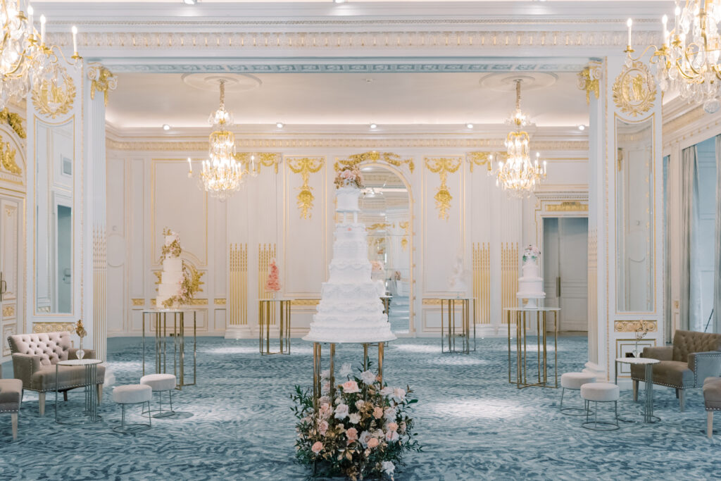Luxury wedding cakes By Yevnig in the ballroom of The Mandarin Oriental, Hyde Park