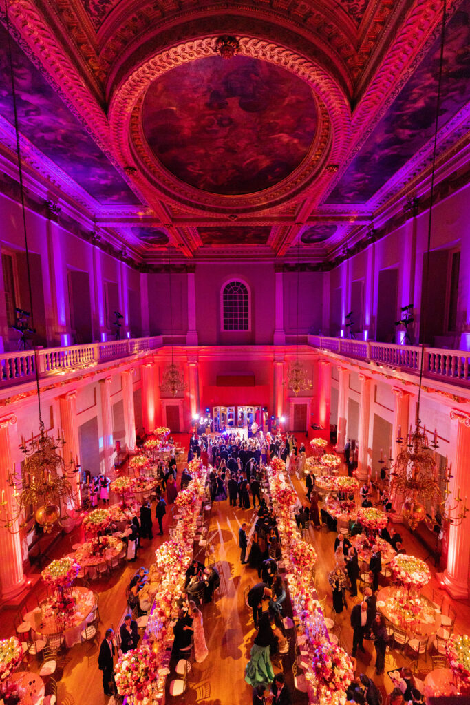 Views of the main hall in Banqueting House with guests arriving for a lavish Lebanese wedding.
