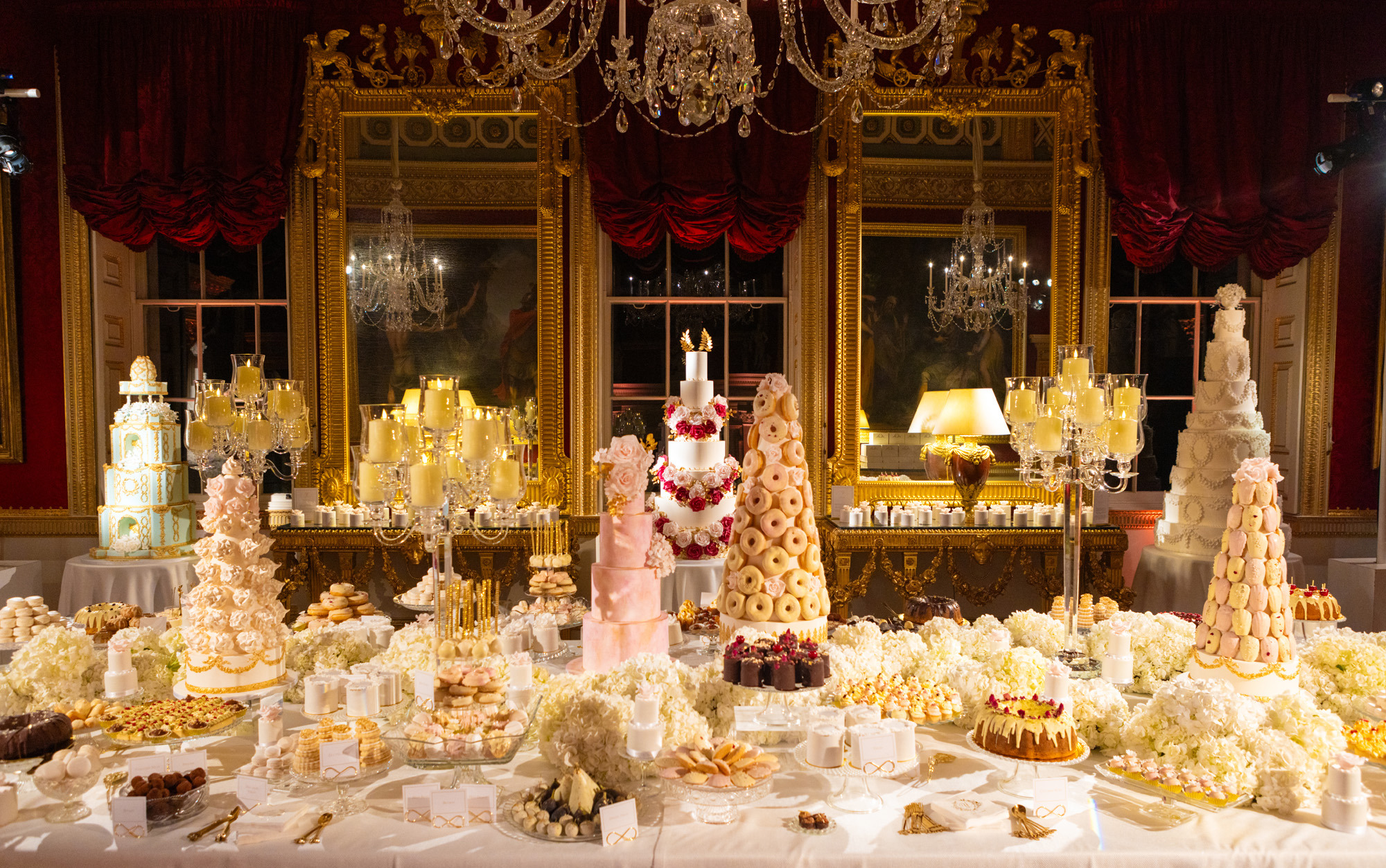 The Great Room at Spencer House with By Yevnig luxury wedding cakes and opulent indulgent dessert table