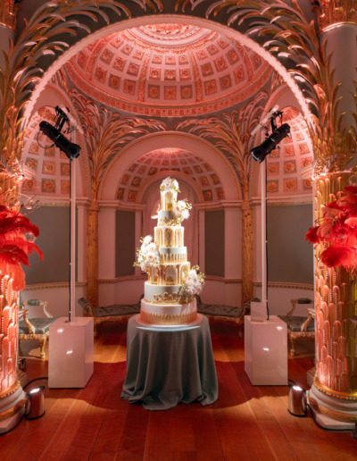 By Yevnig luxury wedding cake, Florence sits in the alcove of the Palm Room, Spencer House.