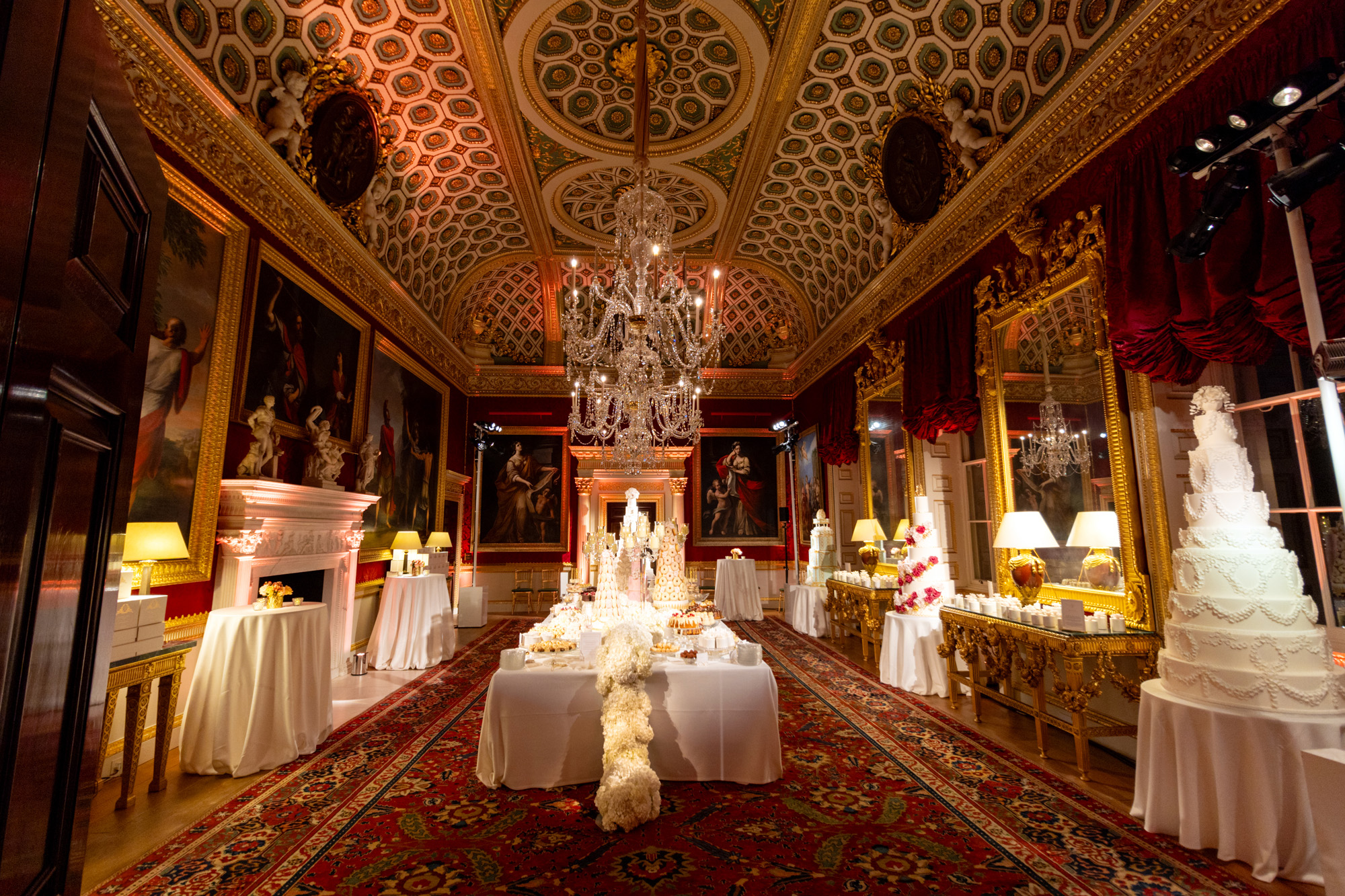 The Great Room at Spencer House with luxury wedding cakes and dessert table By Yevnnig