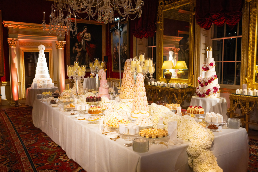 Luxury Dessert Table and magnificent wedding cakes By Yevnig in the Great Room at Spencer House.