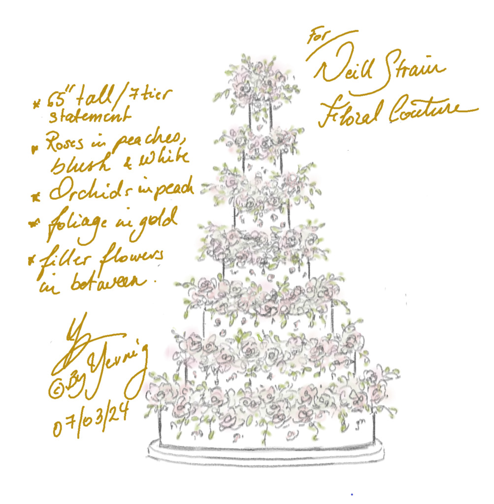 Free-hand sketch of floral wedding cake design By Yevnig.
