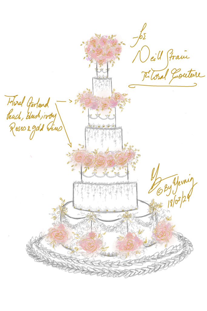 Free-hand sketch of floral wedding cake design By Yevnig.